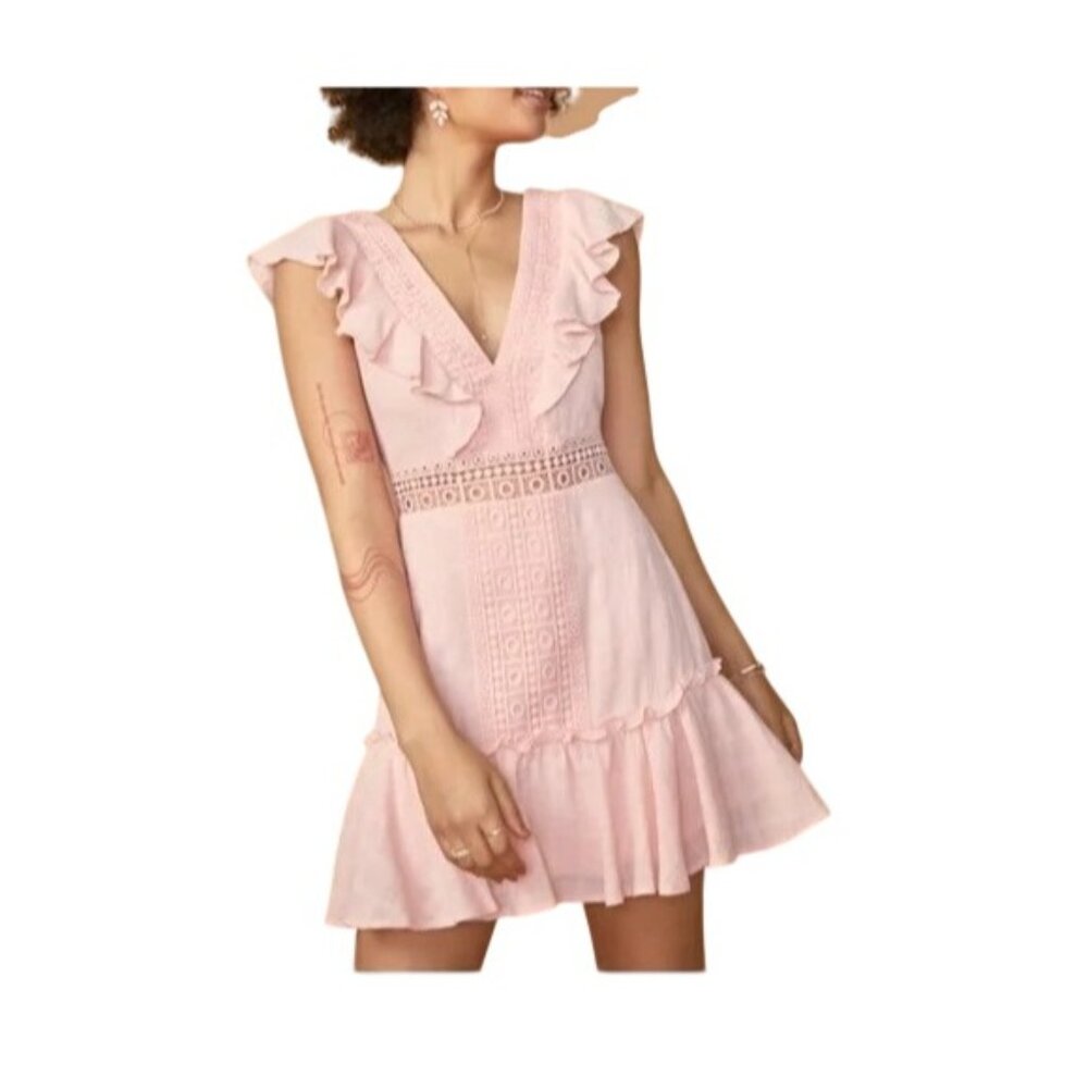 Jun and Ivy Mini Dress Size XL Ruffle V Neck Tie Back Crochet Pink Feminine NEW